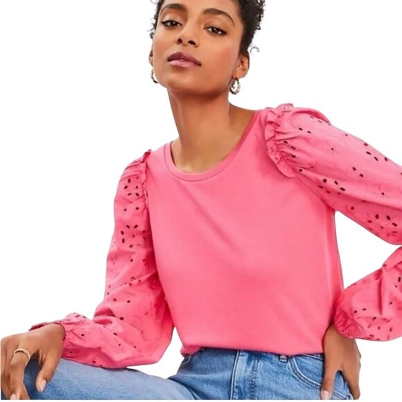 NWT LOFT Pink Eyelet Round Neck Puff Long Sleeve Knit Top Small Reg. $64 - Picture 1 of 12